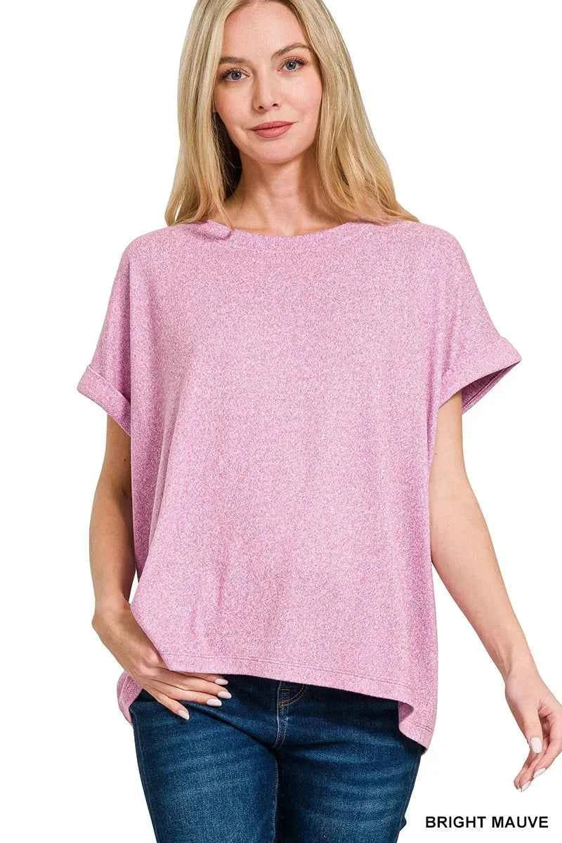 Zenana Soft Melange Hacci Short Sleeve Round Neck Top BRIGHT MAUVE 4a719e691bab4e05be5dc8e929df377f-Max-Origin