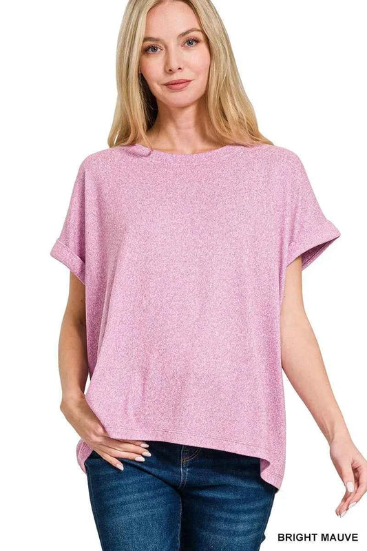 Zenana Soft Melange Hacci Short Sleeve Round Neck Top BRIGHT MAUVE 4a719e691bab4e05be5dc8e929df377f-Max-Origin