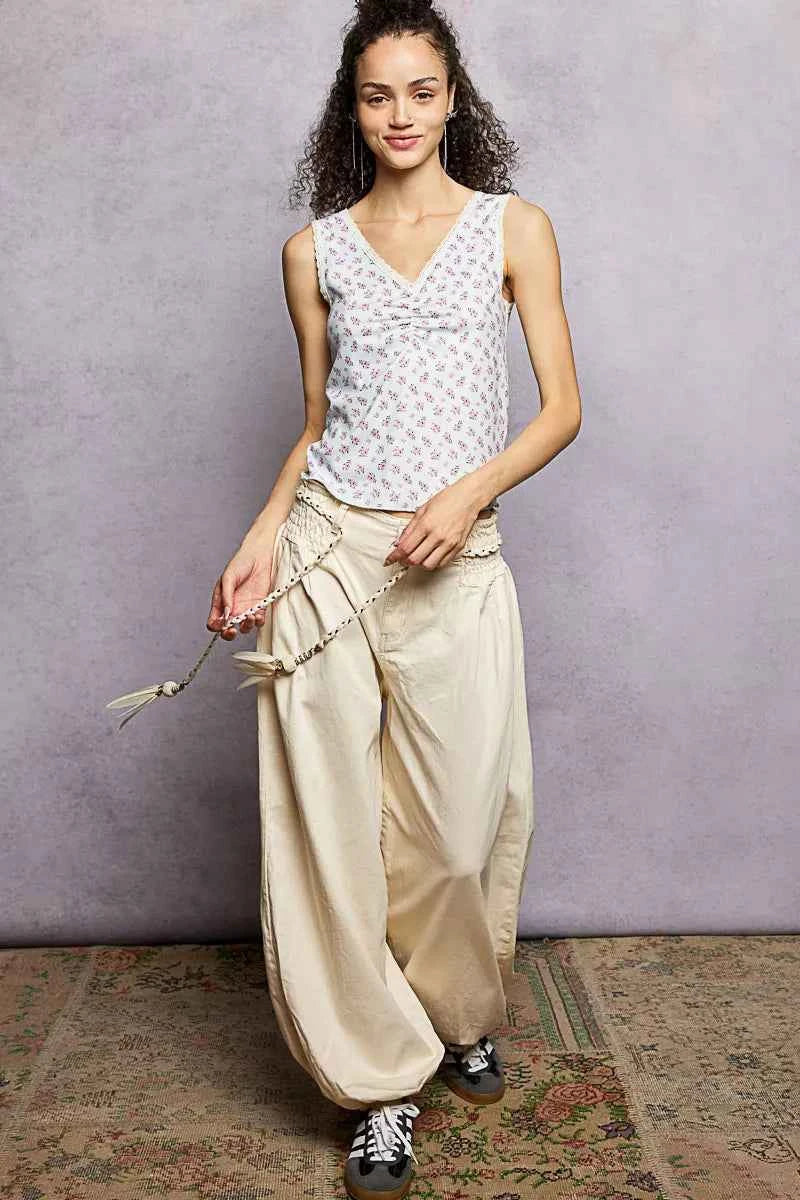POL Ruched Floral V-Neck Tank with Lace Detail 4a71fa96-38c0-4058-80f8-e9b99f2dbbe7-Max-Origin