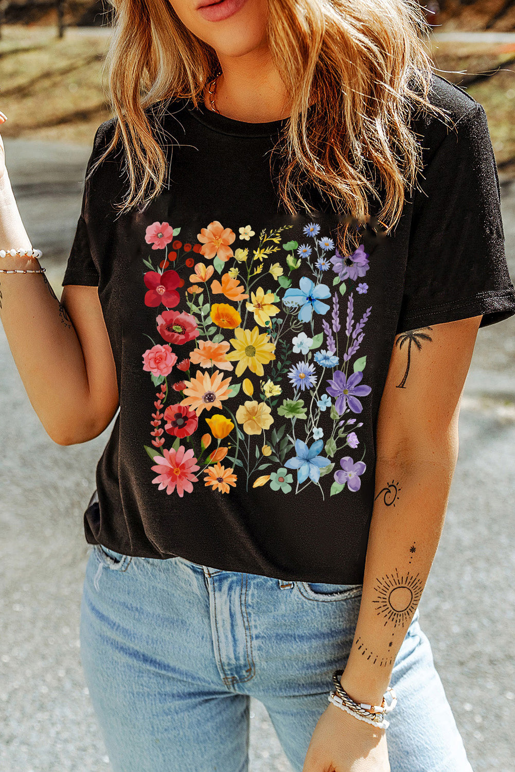 Black Flower Print Cotton Blend Casual Tee 4a7501e35775bcac