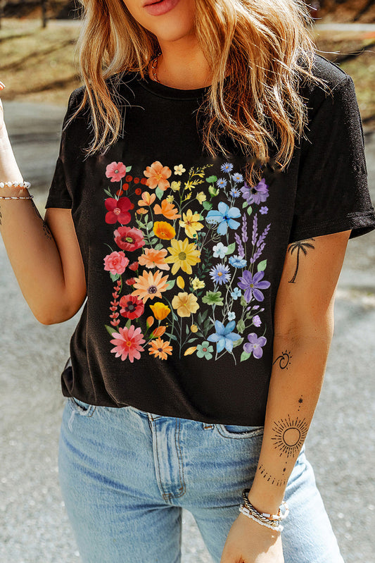 Black Flower Print Cotton Blend Casual Tee 4a7501e35775bcac