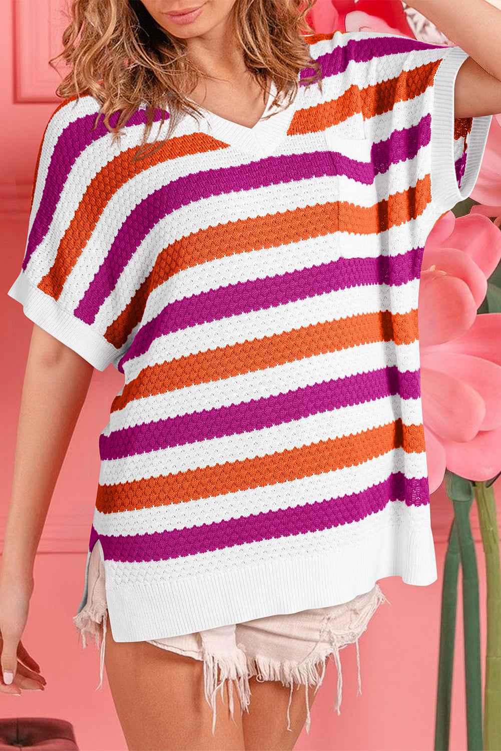 Green Stripe V Neck Short Sleeve Sweater with Side Slits Rose Stripe 100%Viscose 4a7a0ae3762ff9bc