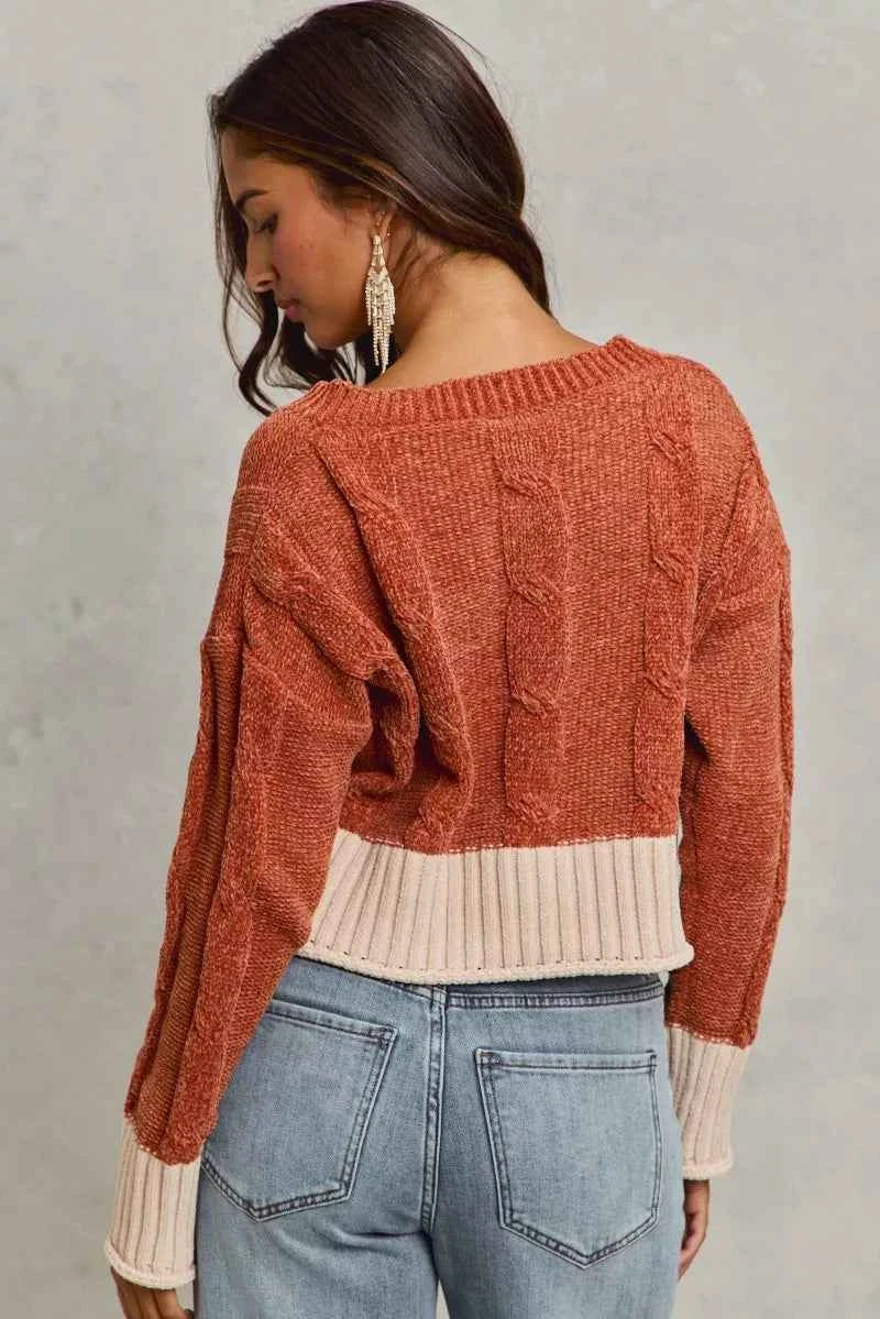 SO ME Chenille Cable Knit V Neck Contrast Cropped Sweater 4a7b3367272b4a238880213e8b76da8e-Max-Origin