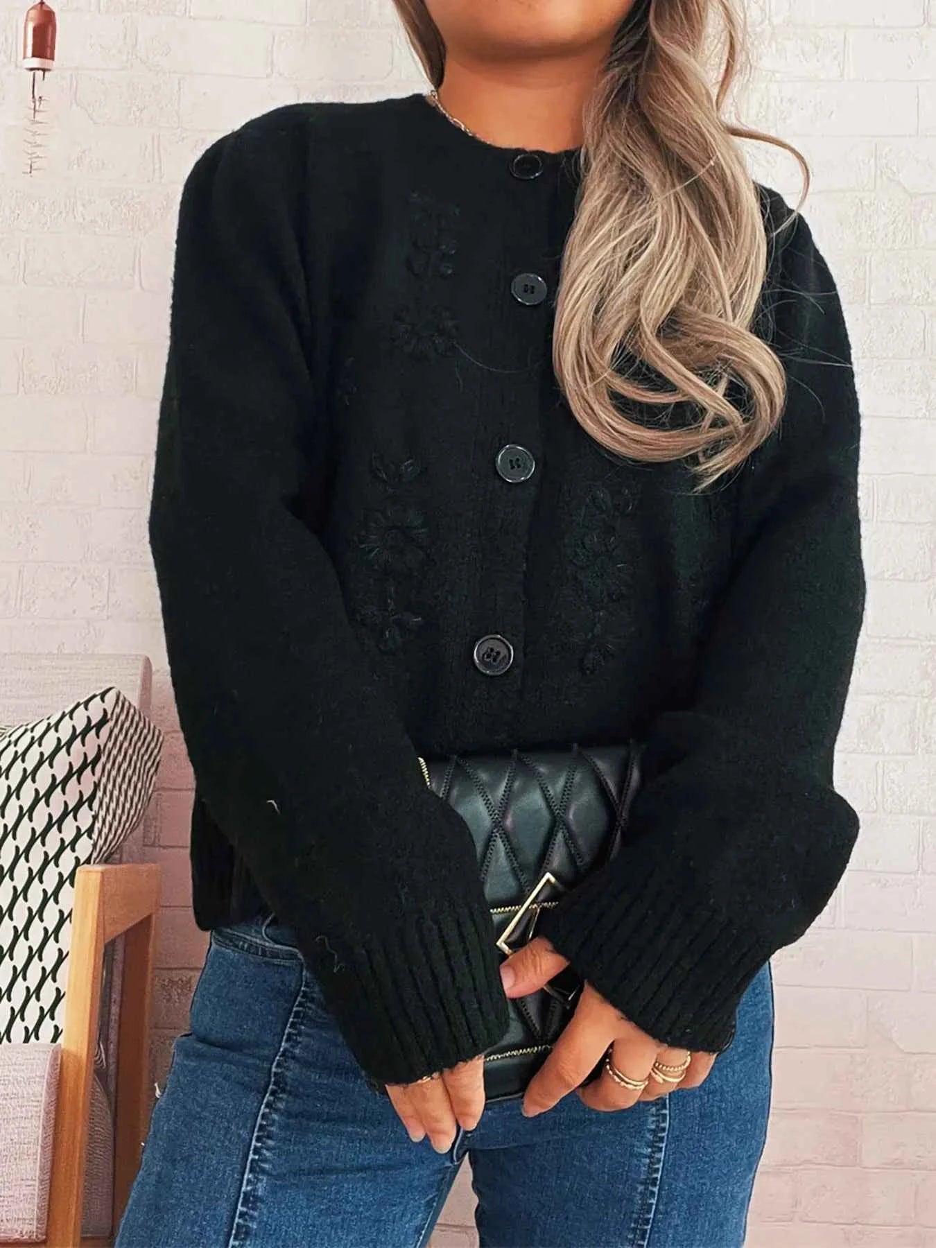 Flower Button Up Ribbed Hem Cardigan 4a7d6bac0eed4aa1b839c9395cd493a2-Max-Origin