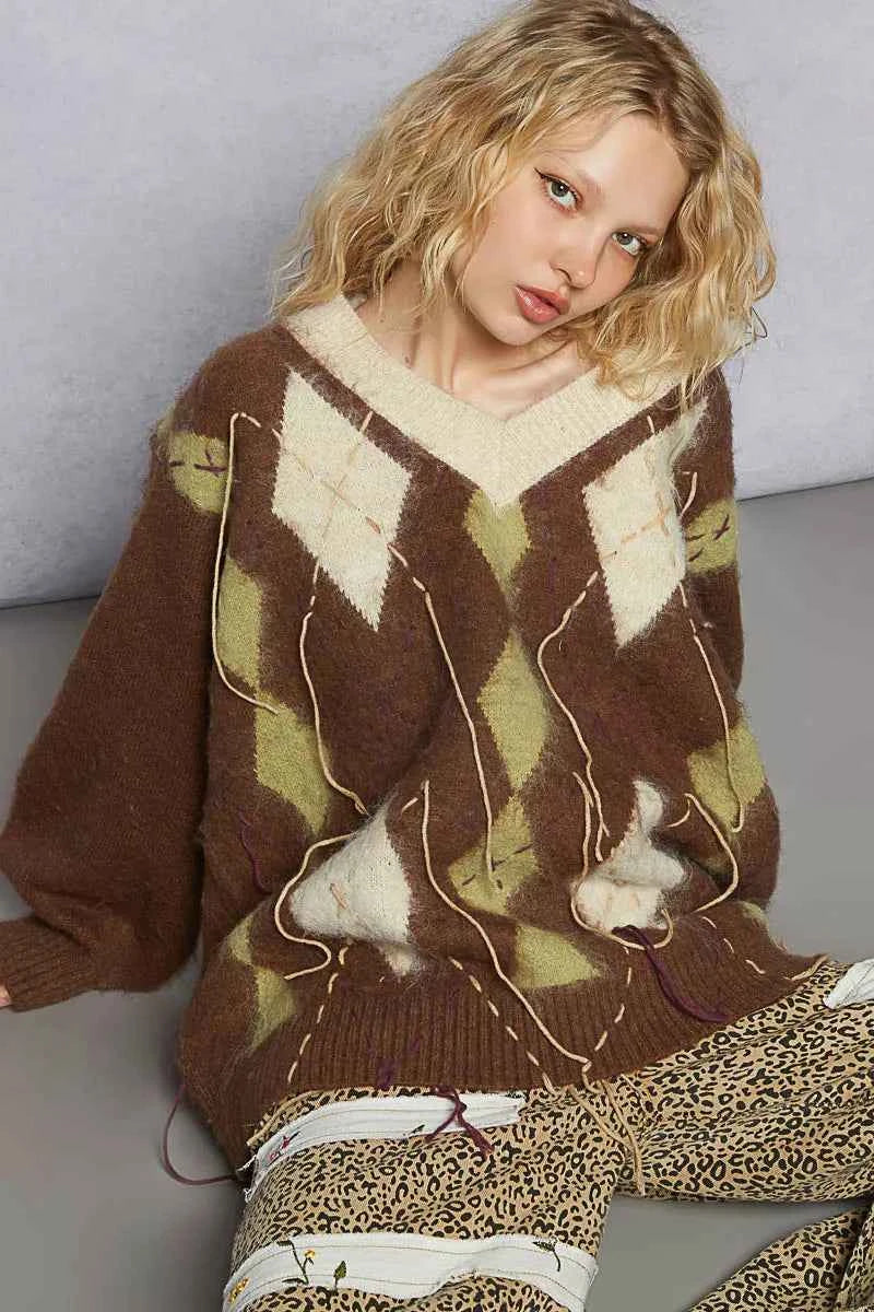POL V-Neck Argyle Pattern Mohair Sweater with Contrast Exposed Stitch Detail 4a7f6a12-ca47-4c41-a8d0-a209828e4cb4-Max-Origin