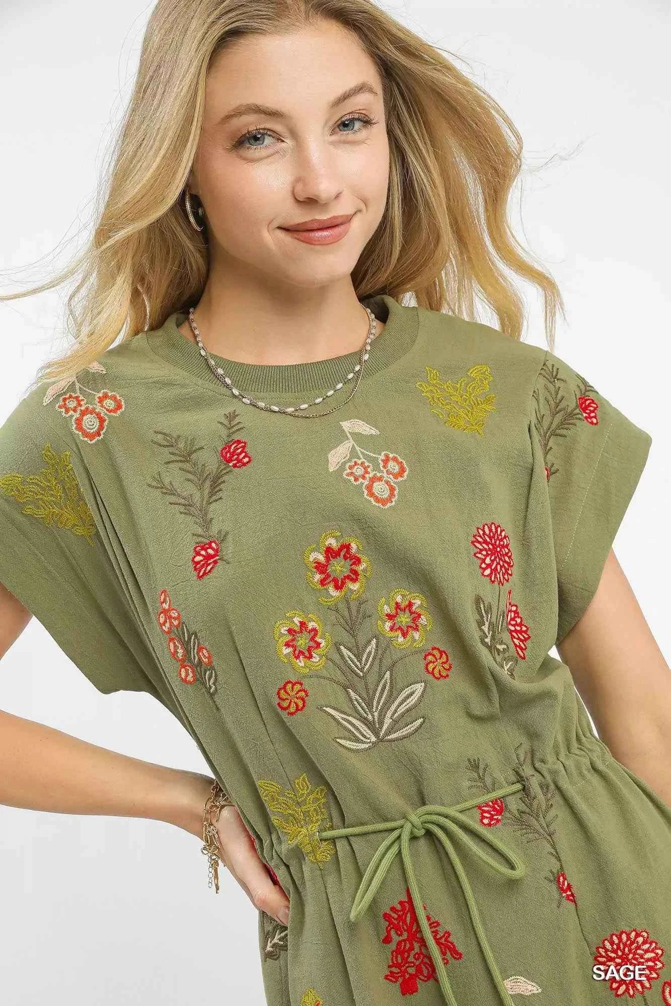 Umgee Embroidered Floral Mini Dress with Waist Tie 4a815a6e-0abe-470e-9258-34cb7c28606b-Max-Origin