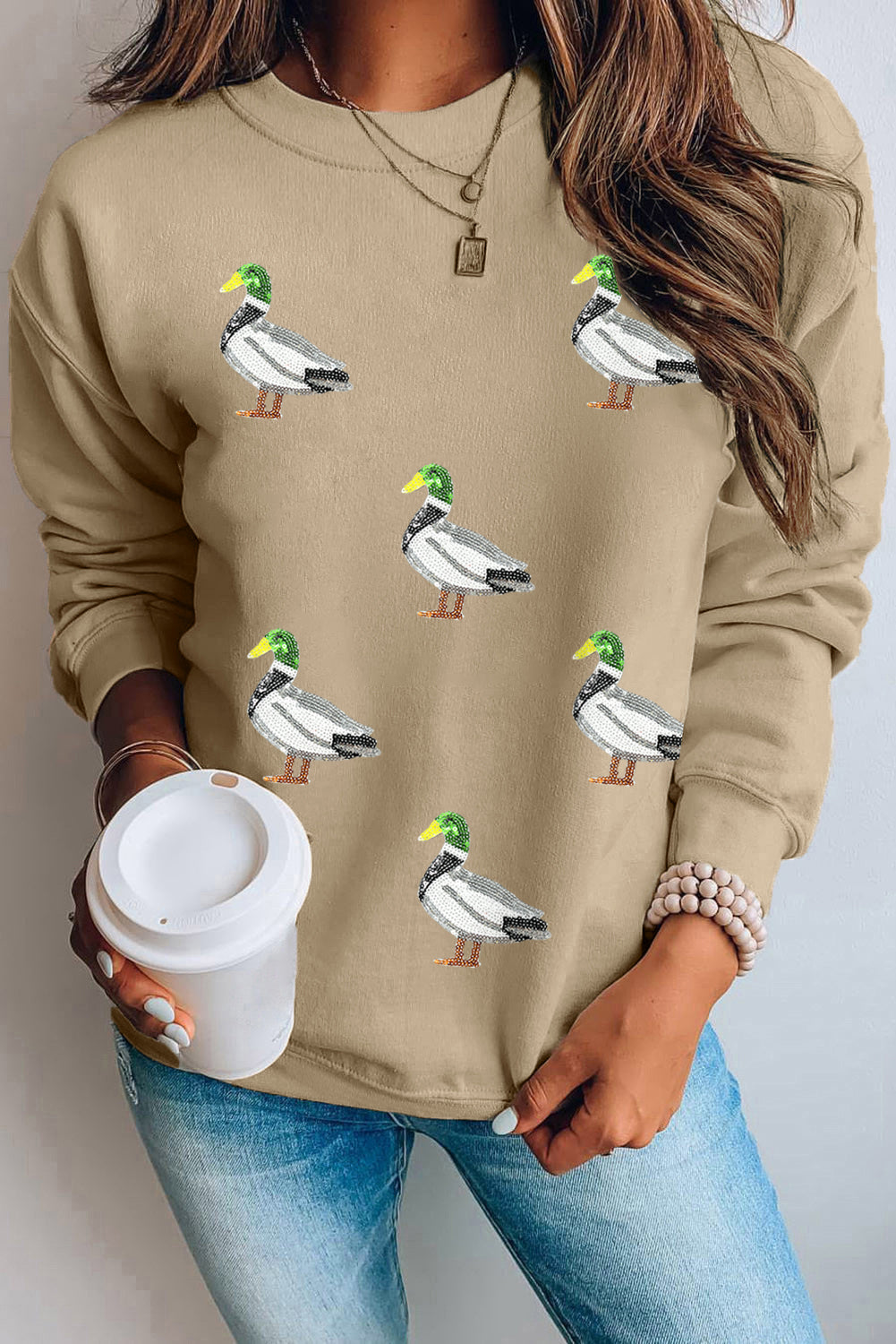 Khaki Sequin Mallard Duck Graphic Sequins Patch Baggy Sweatshirt 4a82486a68769be2