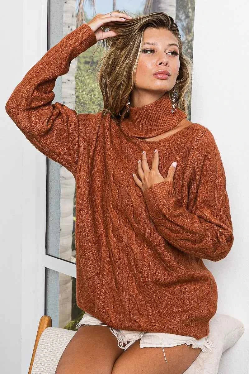 BiBi Twist Knitted Mock Neck Sweater Open One Shoulder RUST 4a8559e5924e4f3094b130ec75603b3b-Max-Origin