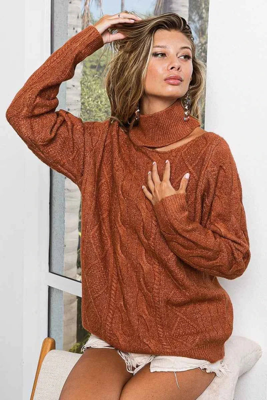 BiBi Twist Knitted Mock Neck Sweater Open One Shoulder RUST 4a8559e5924e4f3094b130ec75603b3b-Max-Origin