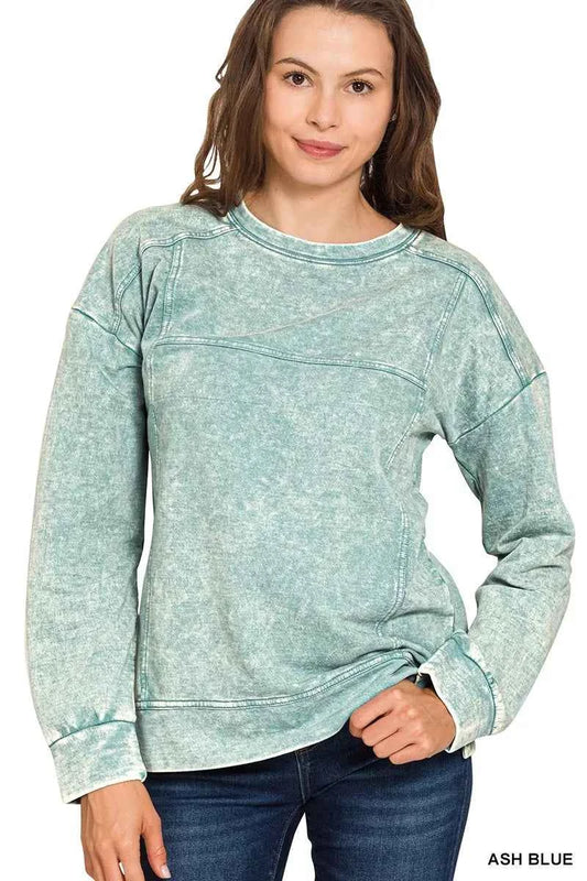 Zenana Acid Wash French Terry Exposed-Seam Pullover ASH BLUE 4a8a794169f84de0a15f81bf62a960d3-Max-Origin
