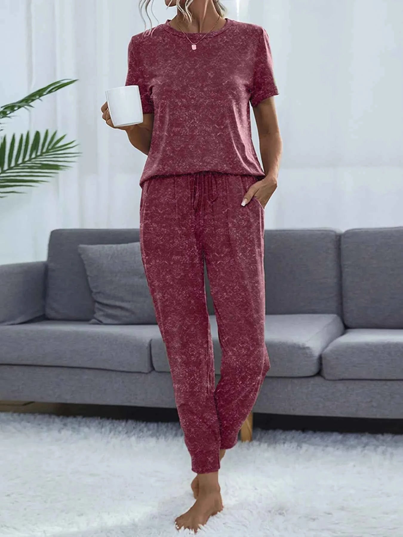 Round Neck Short Sleeve Top and Pants Lounge Set Burgundy 4a8b1f6ae4e94e15a5fa2b084a69ad09-Max-Origin