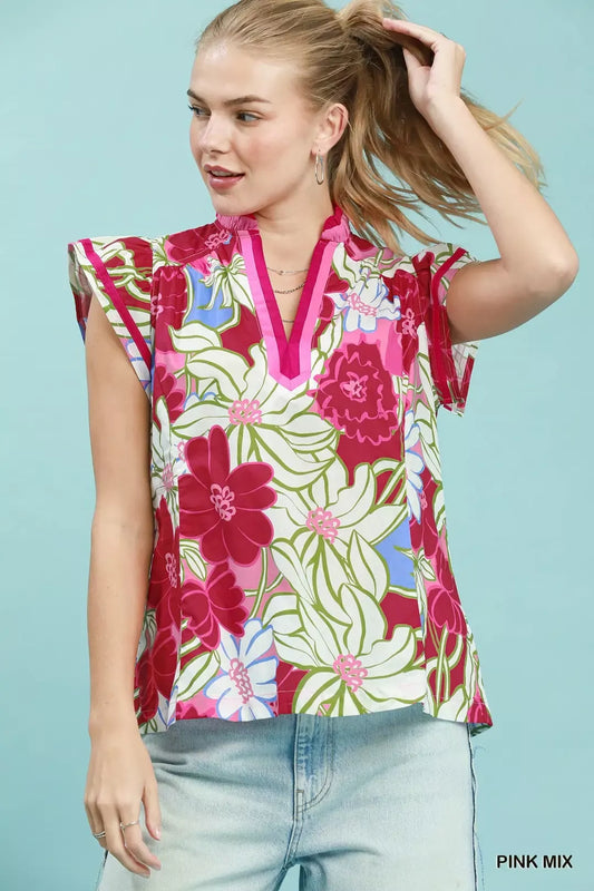 Bold Floral Flutter Sleeve Top PINK MIX 4a8fadb6-2100-4790-aacb-82697eb1611f-Max-Origin