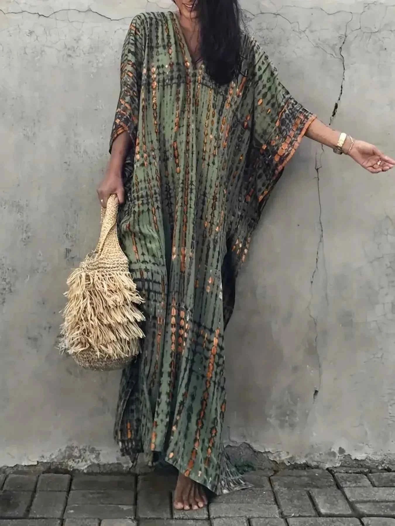 Tie-Dye V-Neck Maxi Dress with Flowy Sleeves Green One Size 4a9266ed9b014cb3a39e63b53b6b05e7-Max-Origin