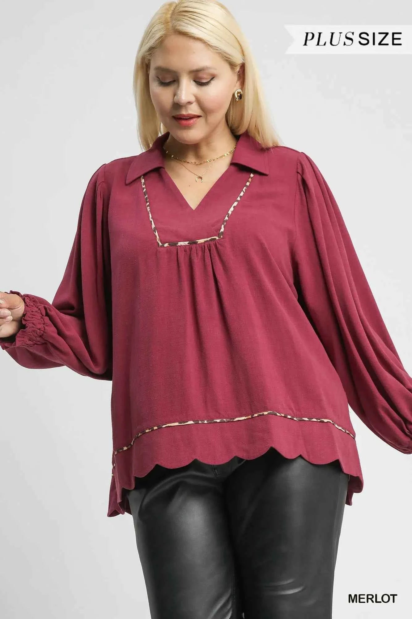 Umgee Full Size Linen Scallop Hem Blouse with Contrast Trim Plus Size 4aa1f1dc-fb7f-4ff2-a5c0-7fab95f4eecb-Max-Origin