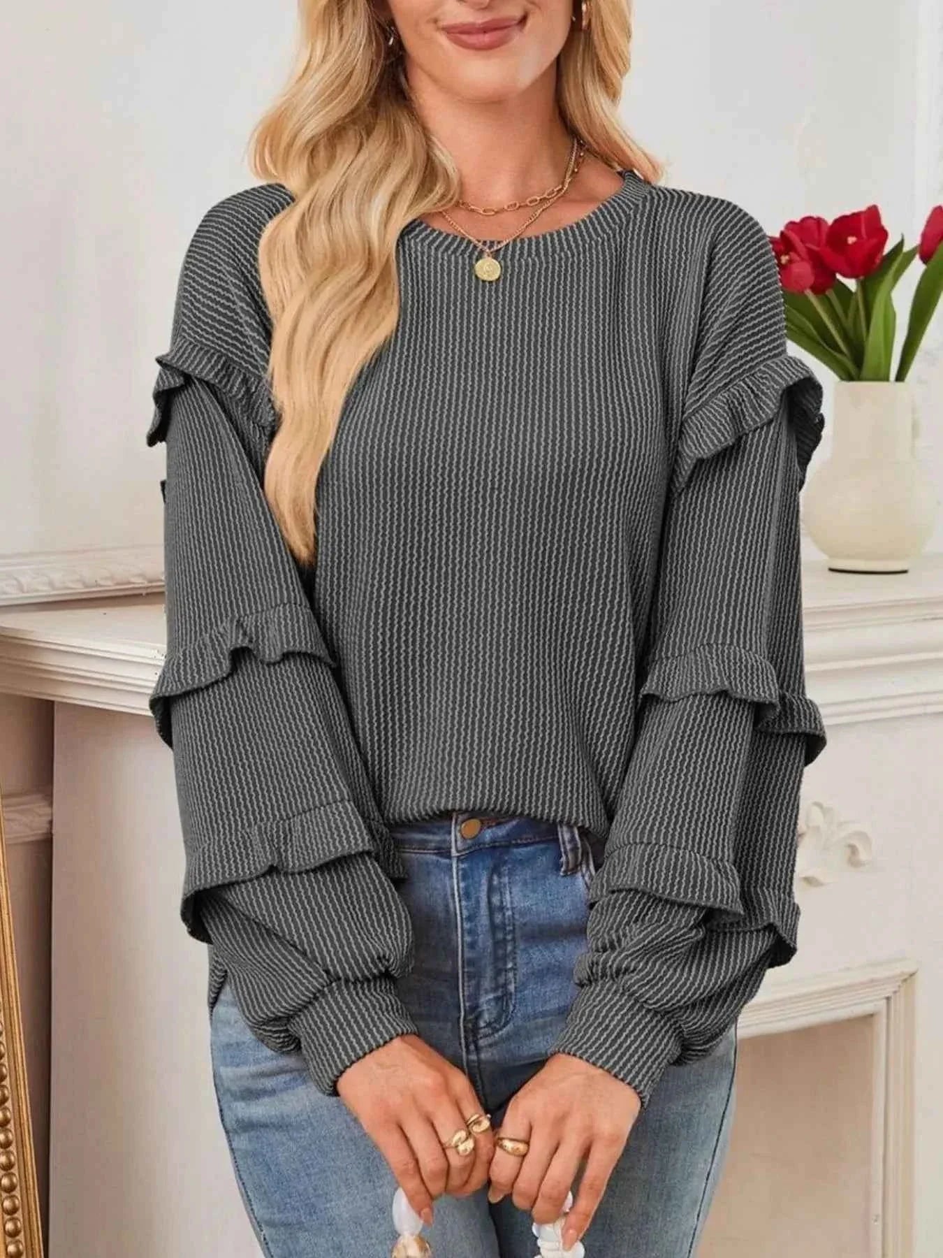Ruffled Round Neck Long Sleeve Sweatshirt 4aa7f0d8-a12f-4009-b43a-99d431cb26d8-Max-Origin