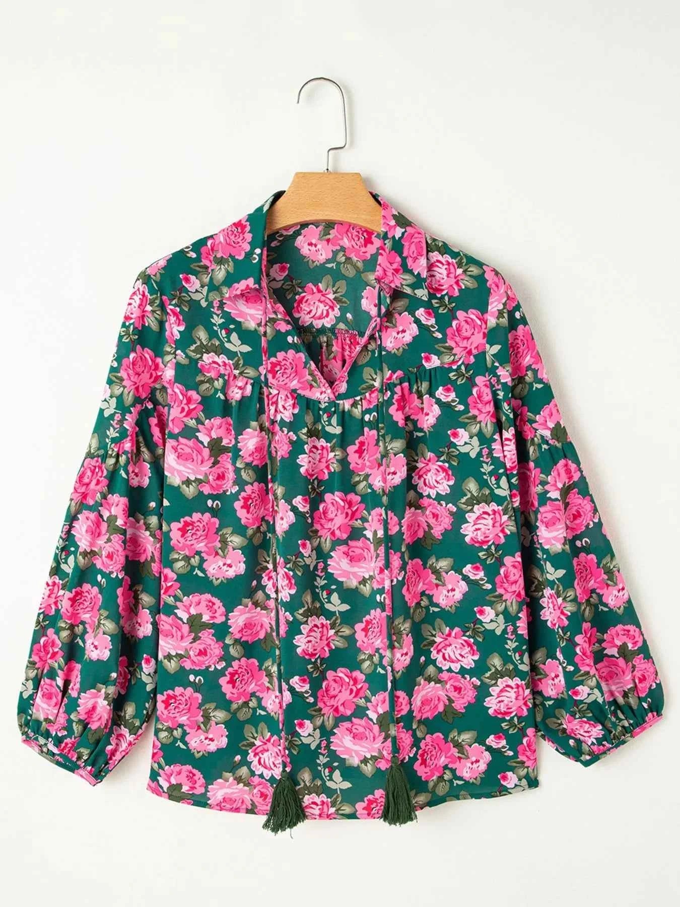 Floral Printed Tied Collar Puff Sleeve Blouse 4aa85fe4-2e6c-4ad7-a6f5-d172ed91036c-Max-Origin