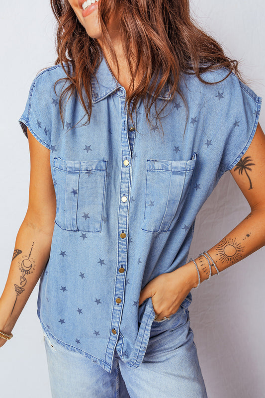 Beau Blue Star Allover Print Double Chest Pocket Short Sleeve Denim Shirt Beau Blue 95%Cotton+5%Elastane 4aae28cfaf304dc0