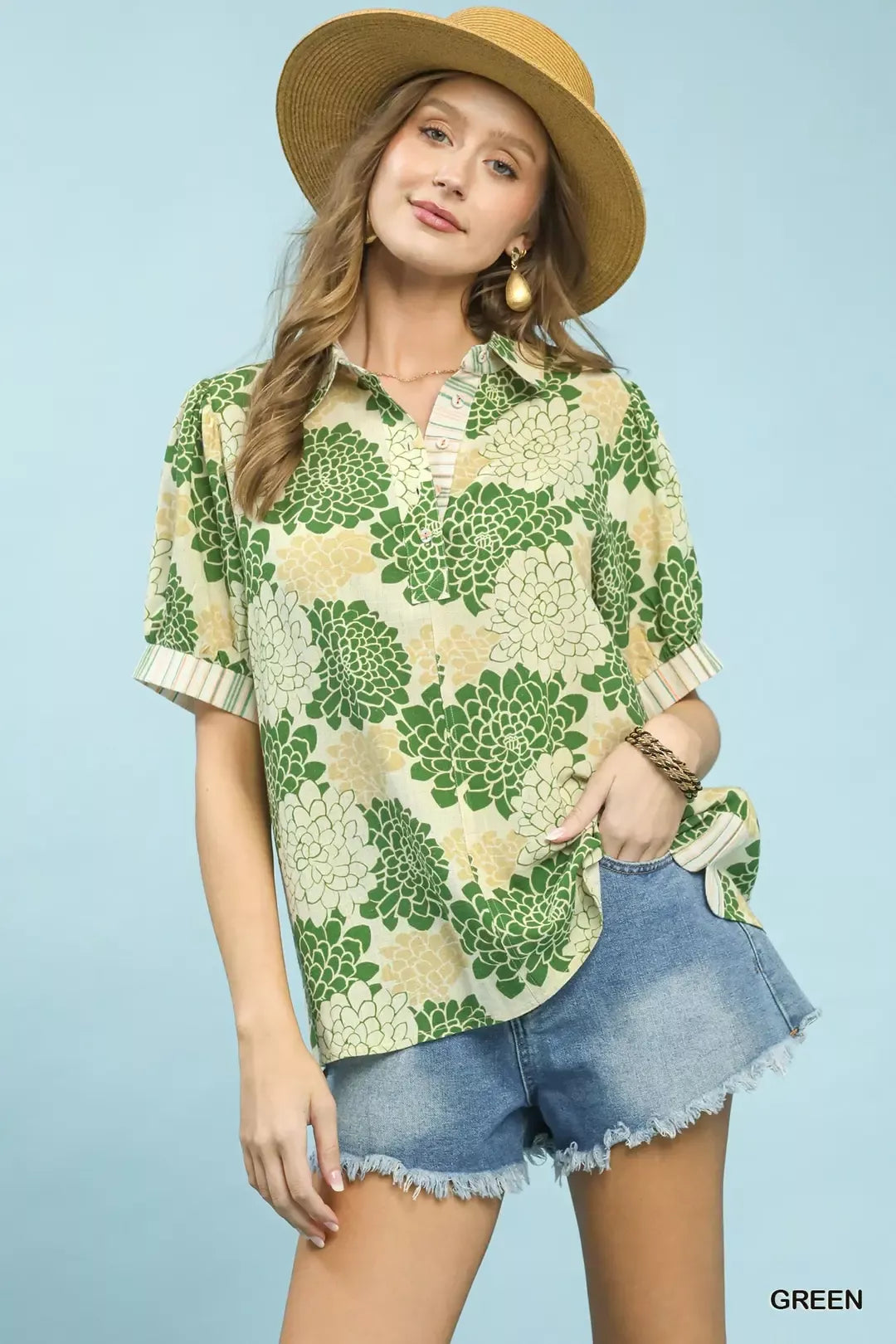 Floral Collared Short Sleeve Blouse GREEN 4aae52cf-4861-4223-8f9e-1aeaa9b90220-Max-Origin