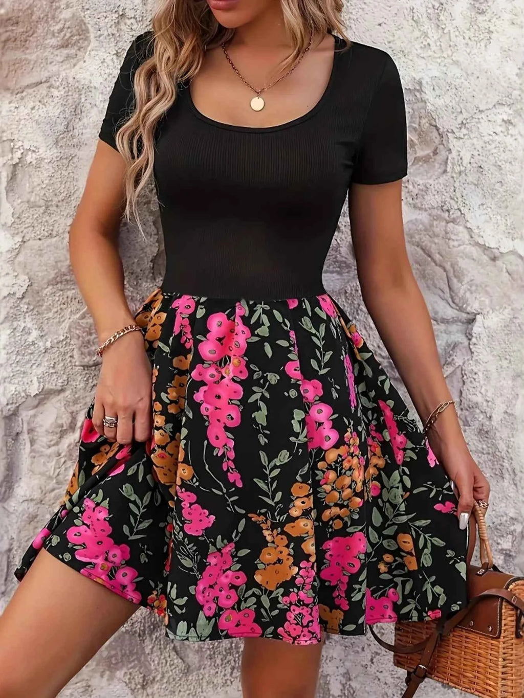 Floral Print Short Sleeve Mini Dress Hot Pink 4ab3644e15a44e0895ed9648d7edb8cb-Max-Origin