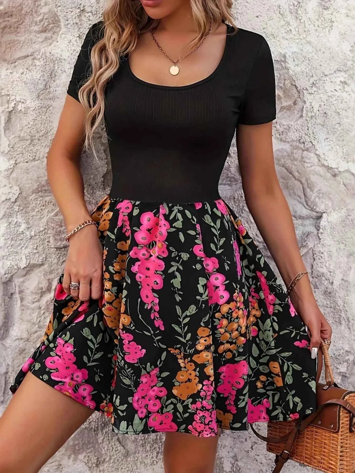 Floral Print Short Sleeve Mini Dress Hot Pink 4ab3644e15a44e0895ed9648d7edb8cb-Max-Origin