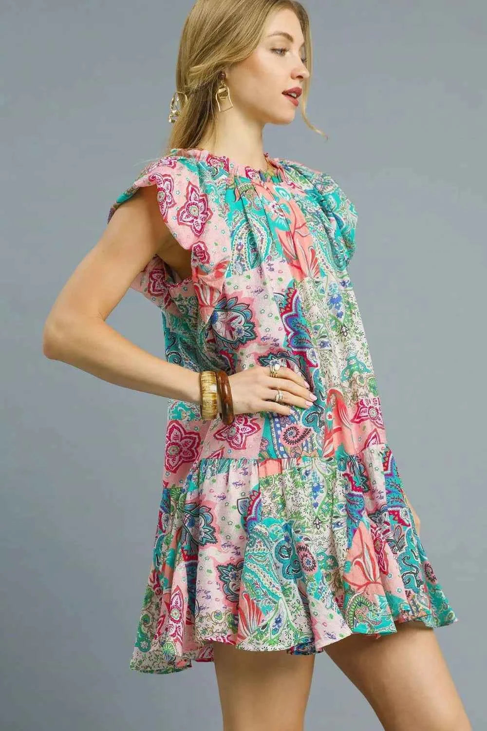 Umgee Printed Ruffle Cap Sleeve Mini Dress 4ab495e5-cf98-483d-ab60-24860d79855c-Max-Origin