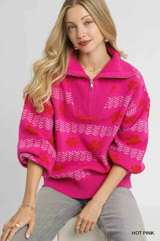 Floral Patterned Jacquard Quarter-Zip Pullover Sweater 4ab85838-ecaa-437d-a8a5-b18ee6685606-Max-Origin