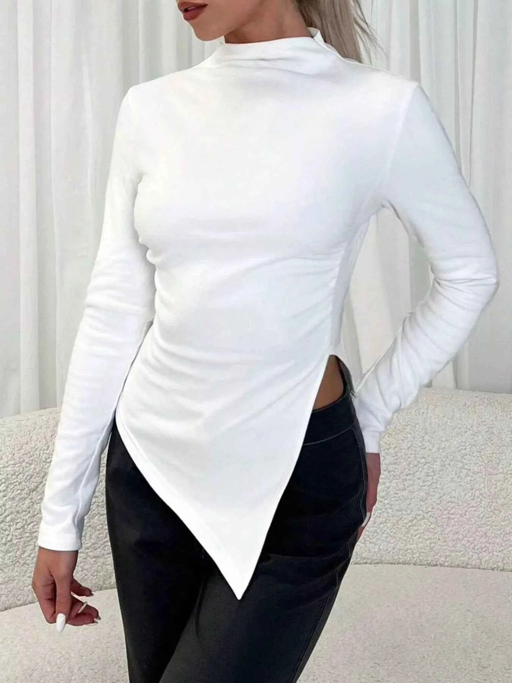 Asymmetrical Hem Mock Neck Top White 4ac1f0d9-9d47-4db8-9fc4-5d7e03fda112-Max-Origin