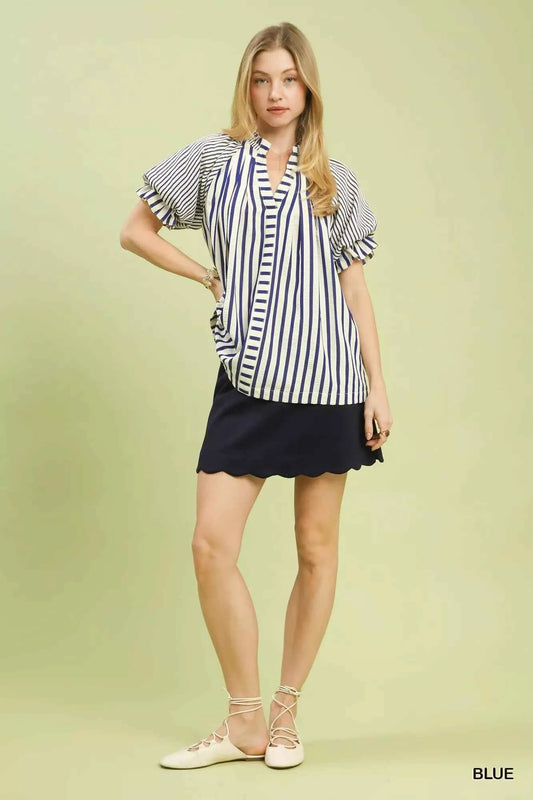 Striped Notched Top with Short Flutter Sleeves 4ac23ef1-a59f-44ac-a414-2fca68de3bfe-Max-Origin