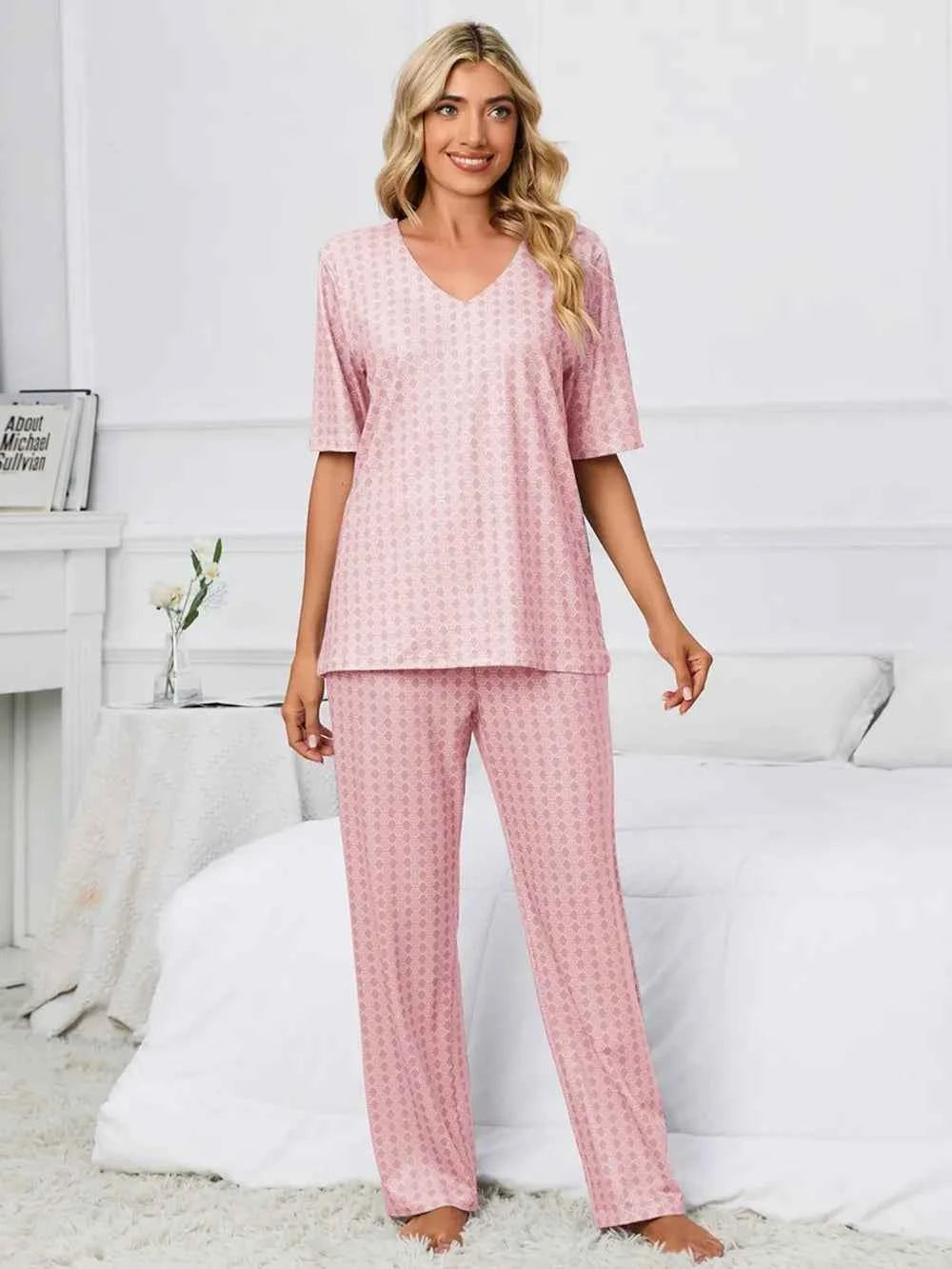 Printed V-Neck Top and Pants Lounge Set Dusty Pink 4ac3cb82-ebb1-4344-93ea-146d703bae26-Max