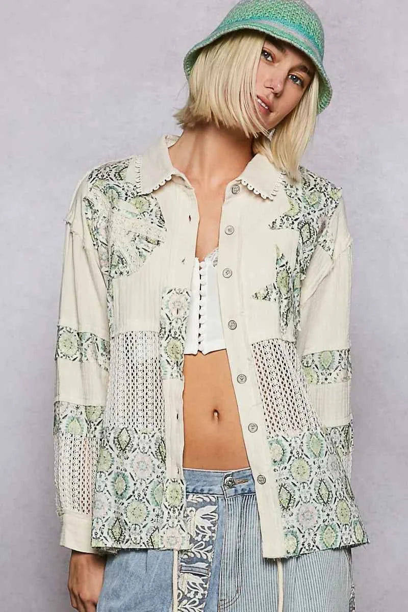 Printed Crochet Patchwork Button-Up Shirt Gum Leaf 4ac654c0-5ab7-445e-b2b8-22d3b9aad018-Max-Origin
