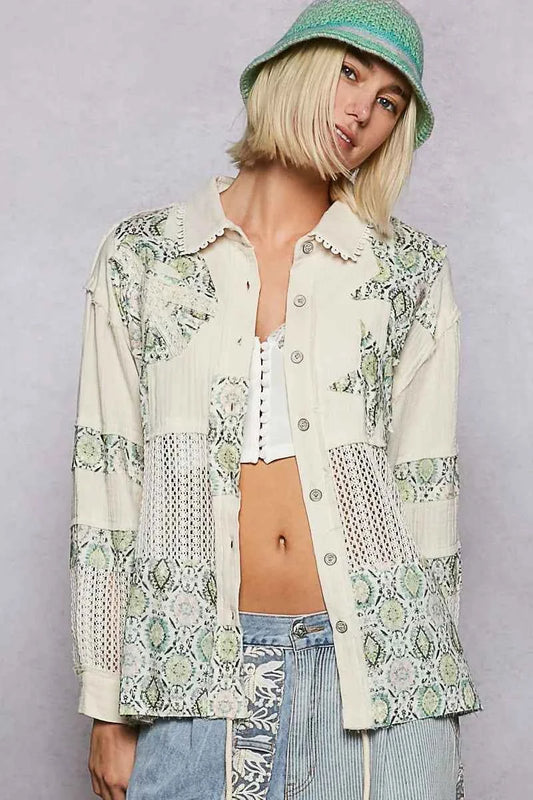 Printed Crochet Patchwork Button-Up Shirt Gum Leaf 4ac654c0-5ab7-445e-b2b8-22d3b9aad018-Max-Origin