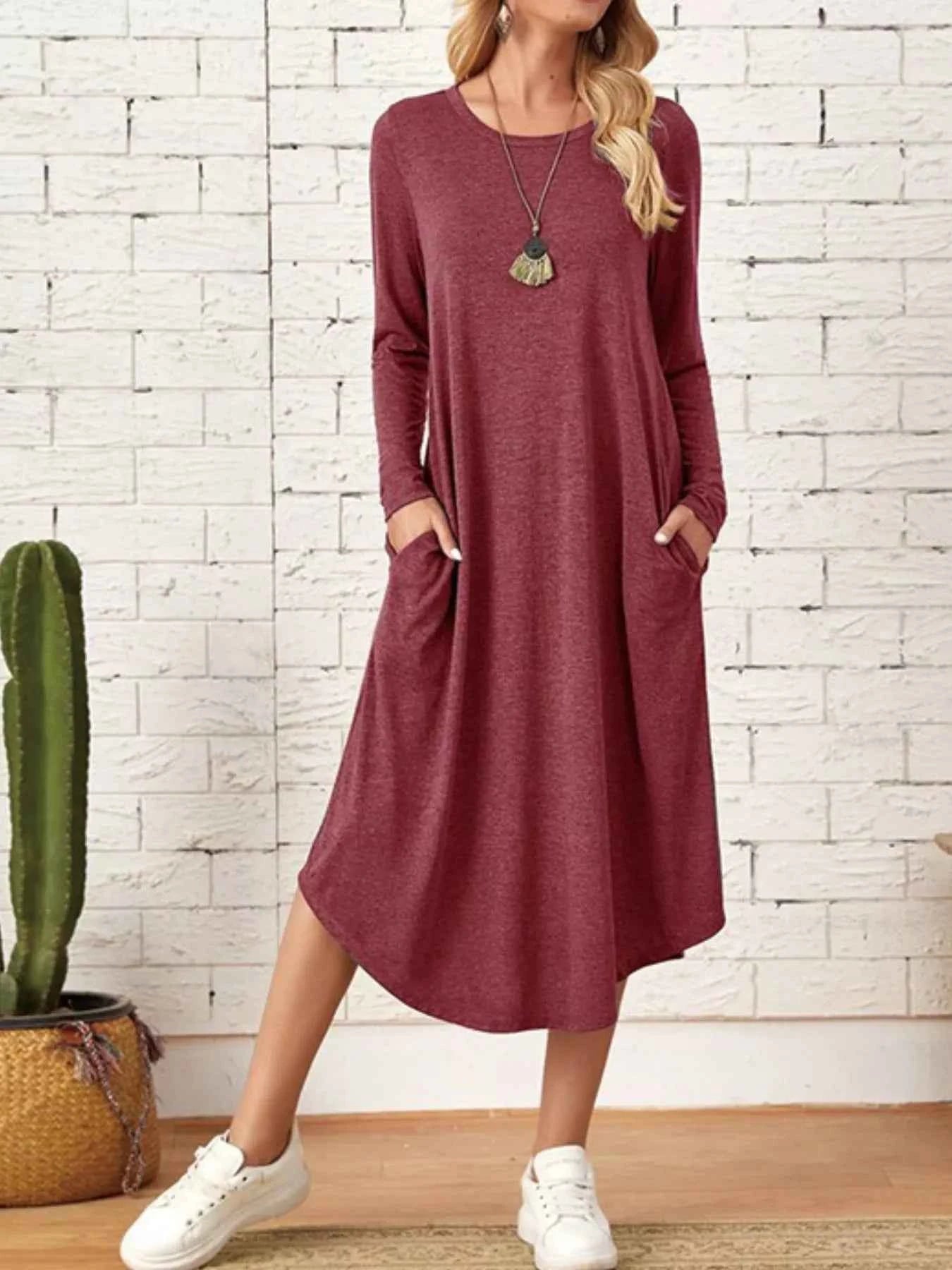 Casual Long Sleeve Pocket Midi Dress Burgundy 4ac6ac4e-42ba-4a59-928b-7a3fd6ccecf7-Max-Origin