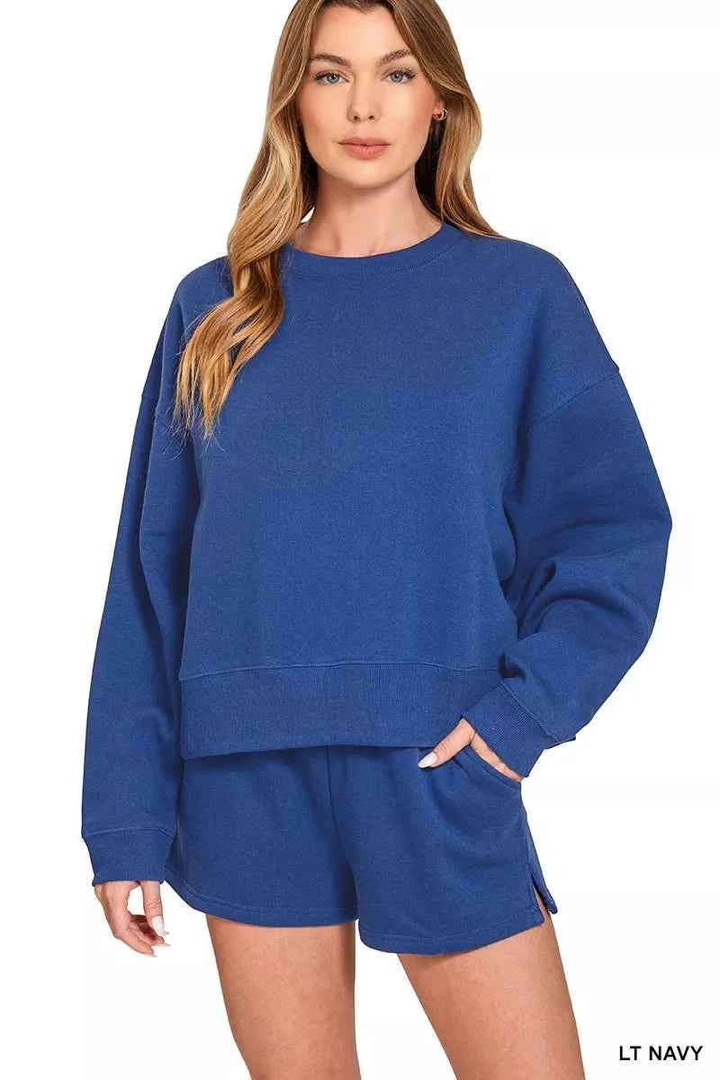Zenana Fleece Round Neck Sweatshirt and Shorts Set LTNAVY 4ac704a4-a94b-4e07-b7aa-b560a9e7790d-Max-Origin