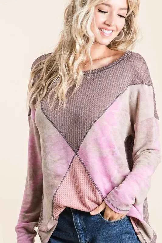 BiBi Thermal Waffle Color Block Top with Tie Dye 4ac903af575e4402af47bb76f513985f-Max-Origin