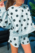 Sky Blue Polka Dot Print Drop Shoulder Pullover Drawstring Shorts Set Sky Blue 95%Polyester+5%Elastane 4ace8229ddf1f07a
