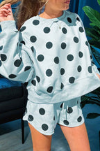 Sky Blue Polka Dot Print Drop Shoulder Pullover Drawstring Shorts Set Sky Blue 95%Polyester+5%Elastane 4ace8229ddf1f07a