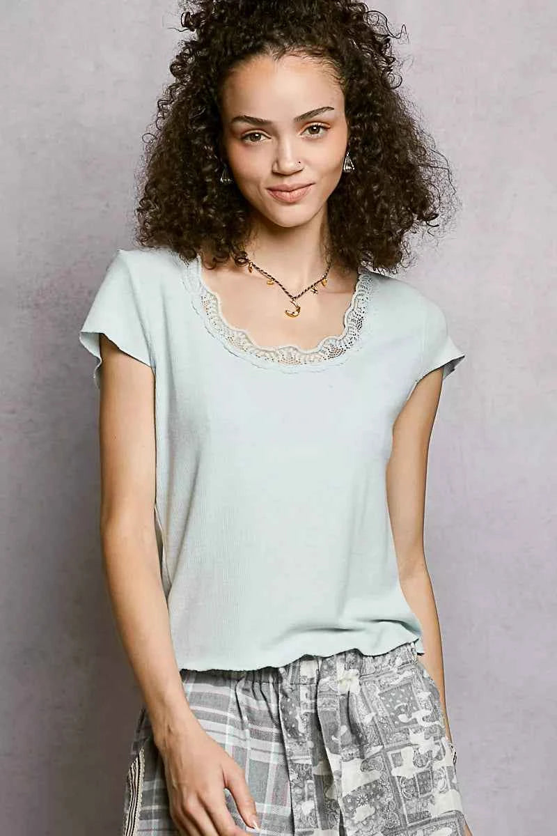 POL Round Neck Short Sleeve Crop T-Shirt with Lace Trim 4ad3de58-f78a-47a1-b30f-4dfb9b3eebc8-Max-Origin