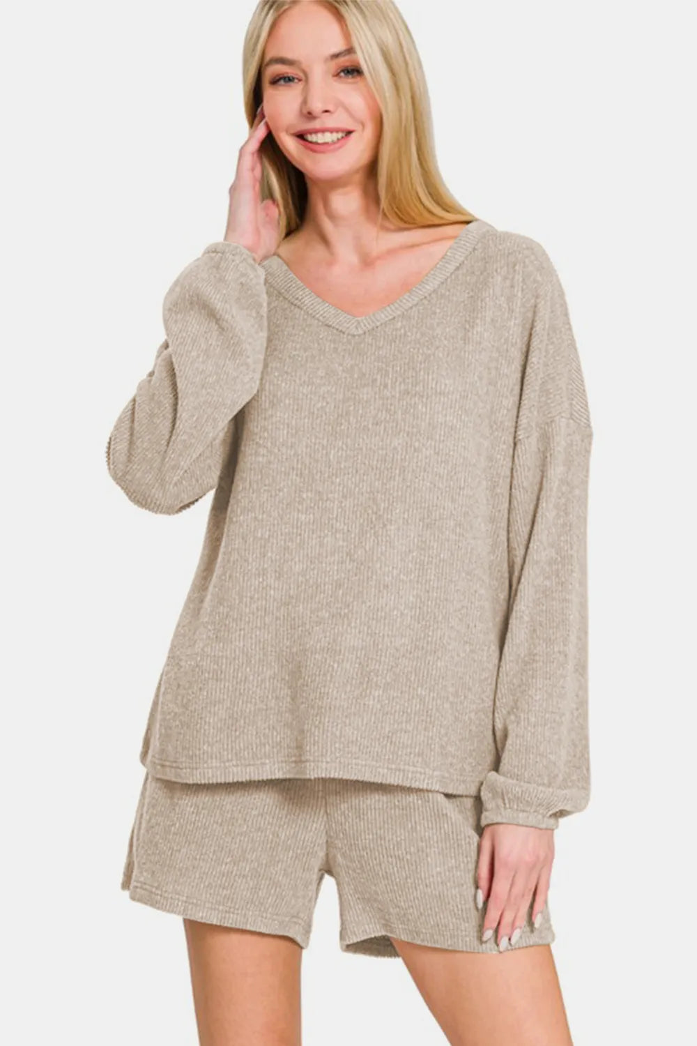 Zenana V-Neck Long Sleeve Ribbed Top and Shorts Set Khaki 4adf46d6-2b16-4504-ba5b-102913ae0694-Max