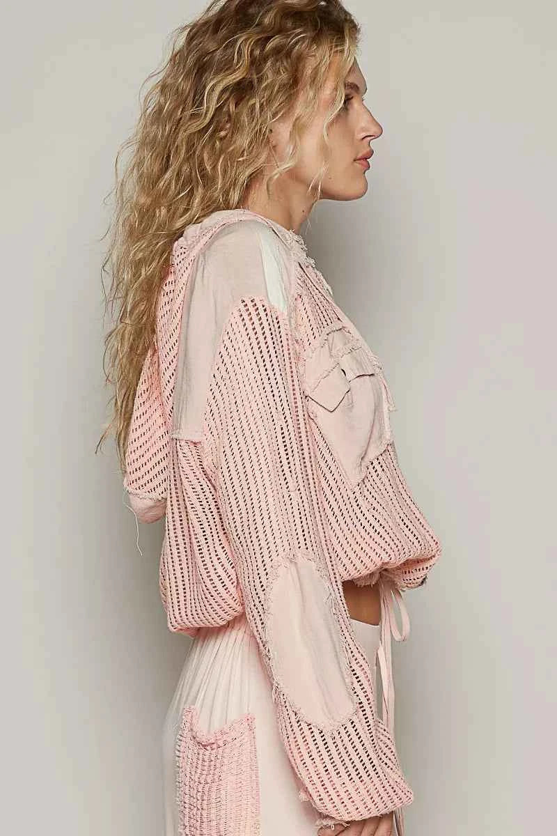 POL Texture Woven Button Down Hooded Shirt with Drawstring Hem 4ae57638-2754-4fc4-97bf-f3c677d34ae8-Max-Origin