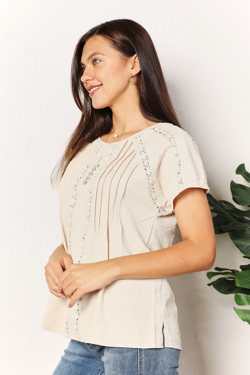 Double Take Crochet Buttoned Short Sleeves Top 4ae69e81a2fe4eb8a50078453dadca8a-Max