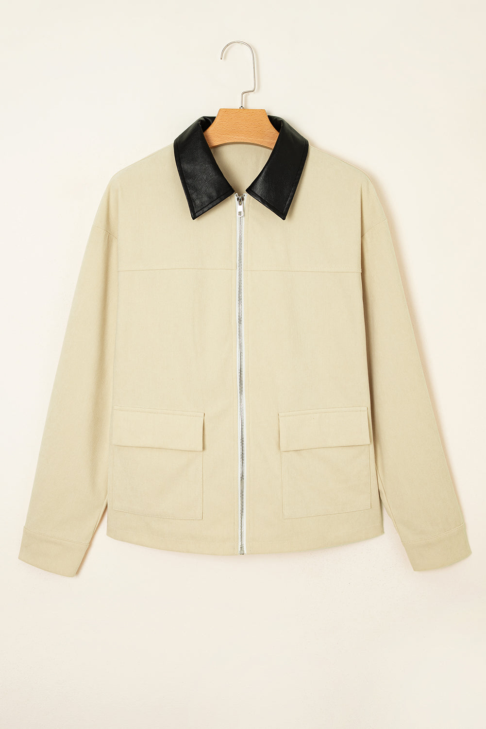 Parchment Contrast Leather Collar Textured Zip Up Jacket 4af0387d7115b302