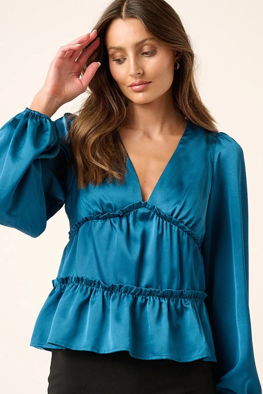 Satin V Neck Ruffled Tier Blouse 4af3e853-cb5c-4d42-b8e8-f27bf428a1a5-Max
