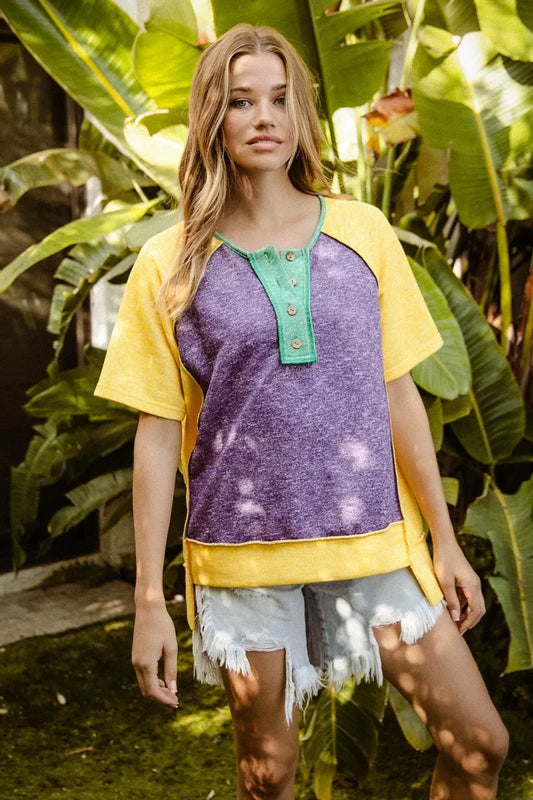 Mardi Gras Color Block Buttoned Uneven Hem Top Purple Mustard Green 4af663e3-f730-49d7-ae6f-fc2c458cf36c-Max-Origin