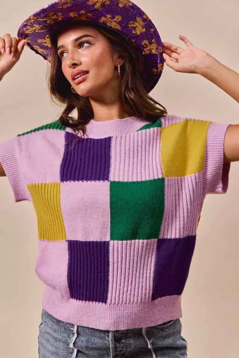 SO ME Mardi Gras Check Plaid Casual Sweater Top 4b01456ba1c24895bc53a7864684dbab-Max-Origin