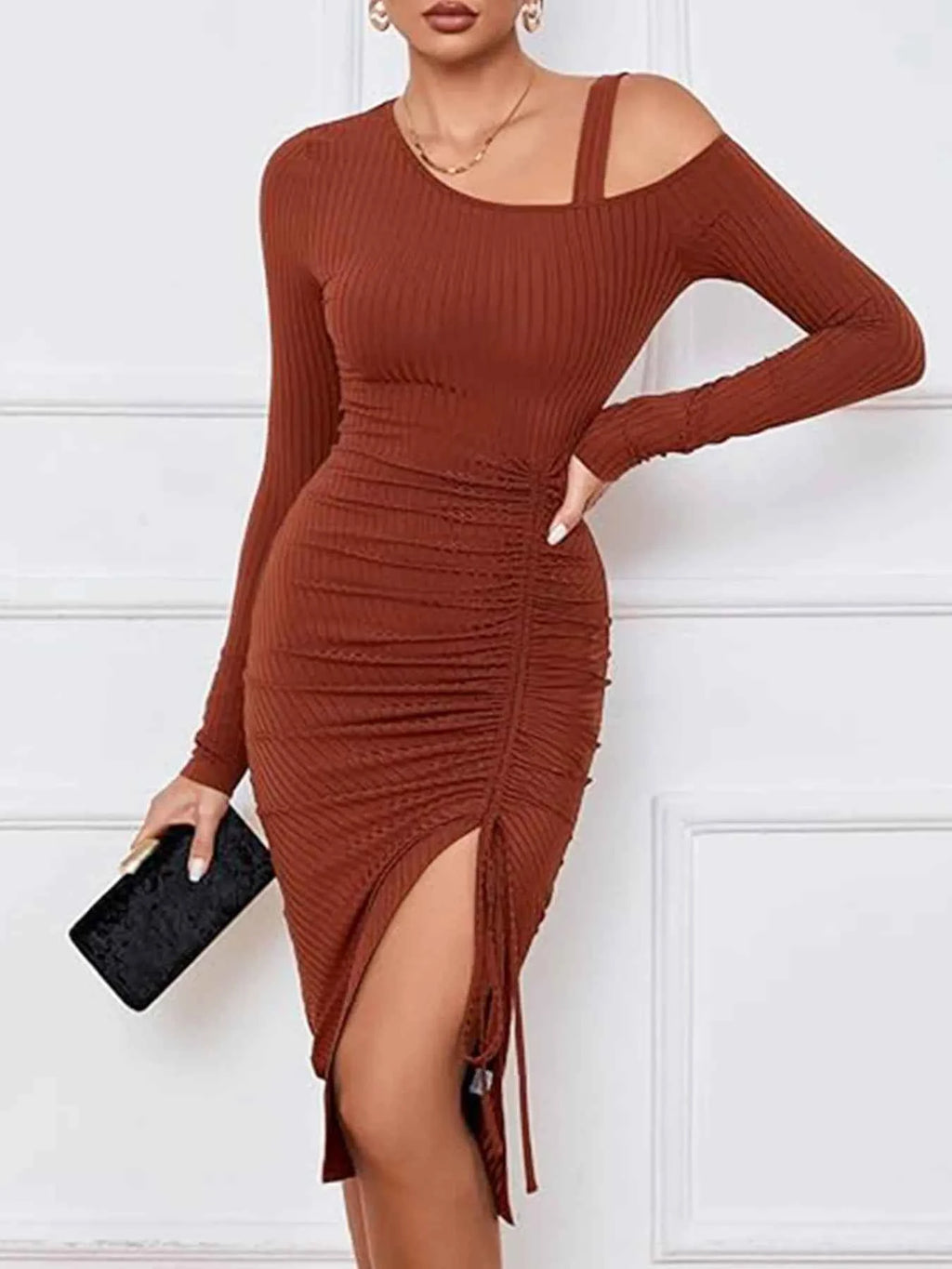 Ruched Asymmetrical Neck Ribbed Bodycon Dress 4b0bd1d98c644bb08de8220b68fb5d85-Max-Origin