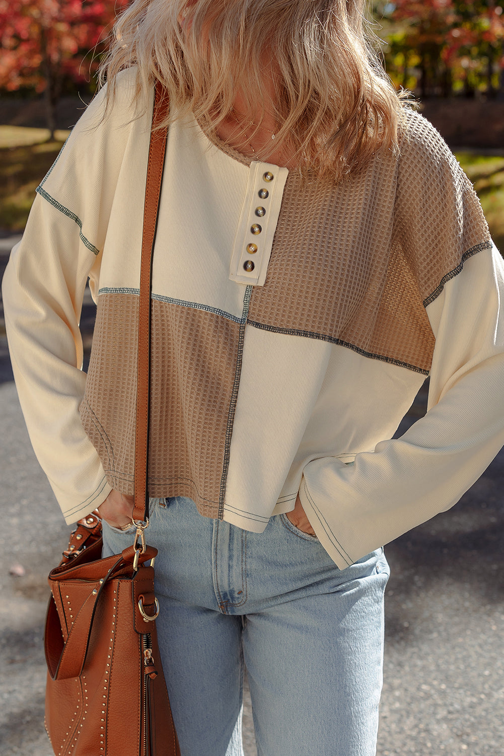 Beige Waffle Patchwork Stitch Detail Long Sleeve Henley Top 4b0e347bd72077b2