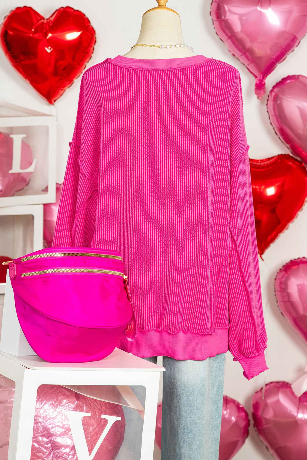 Strawberry Pink Twisted Ribbed Long Sleeve XOXO Bow Print Embroidered Patch Graphic Top 4b0f53f1afbc3914