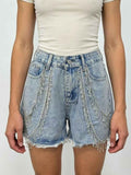 Rhinestone Chain Raw Hem Denim Shorts Sky Blue 4b103597-8c18-474c-8629-e2e0638dcd42-Max