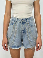 Rhinestone Chain Raw Hem Denim Shorts Sky Blue 4b103597-8c18-474c-8629-e2e0638dcd42-Max