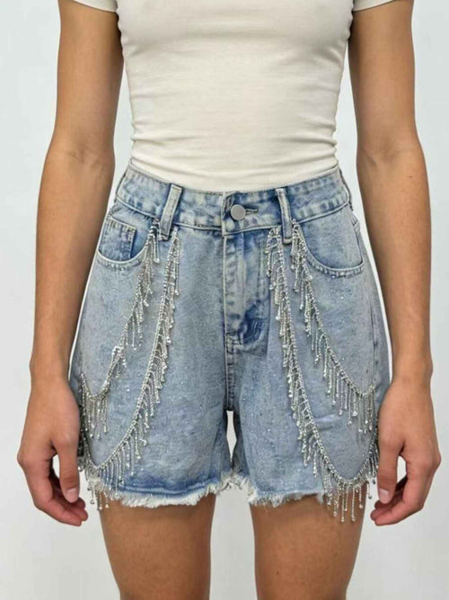Rhinestone Chain Raw Hem Denim Shorts Sky Blue 4b103597-8c18-474c-8629-e2e0638dcd42-Max